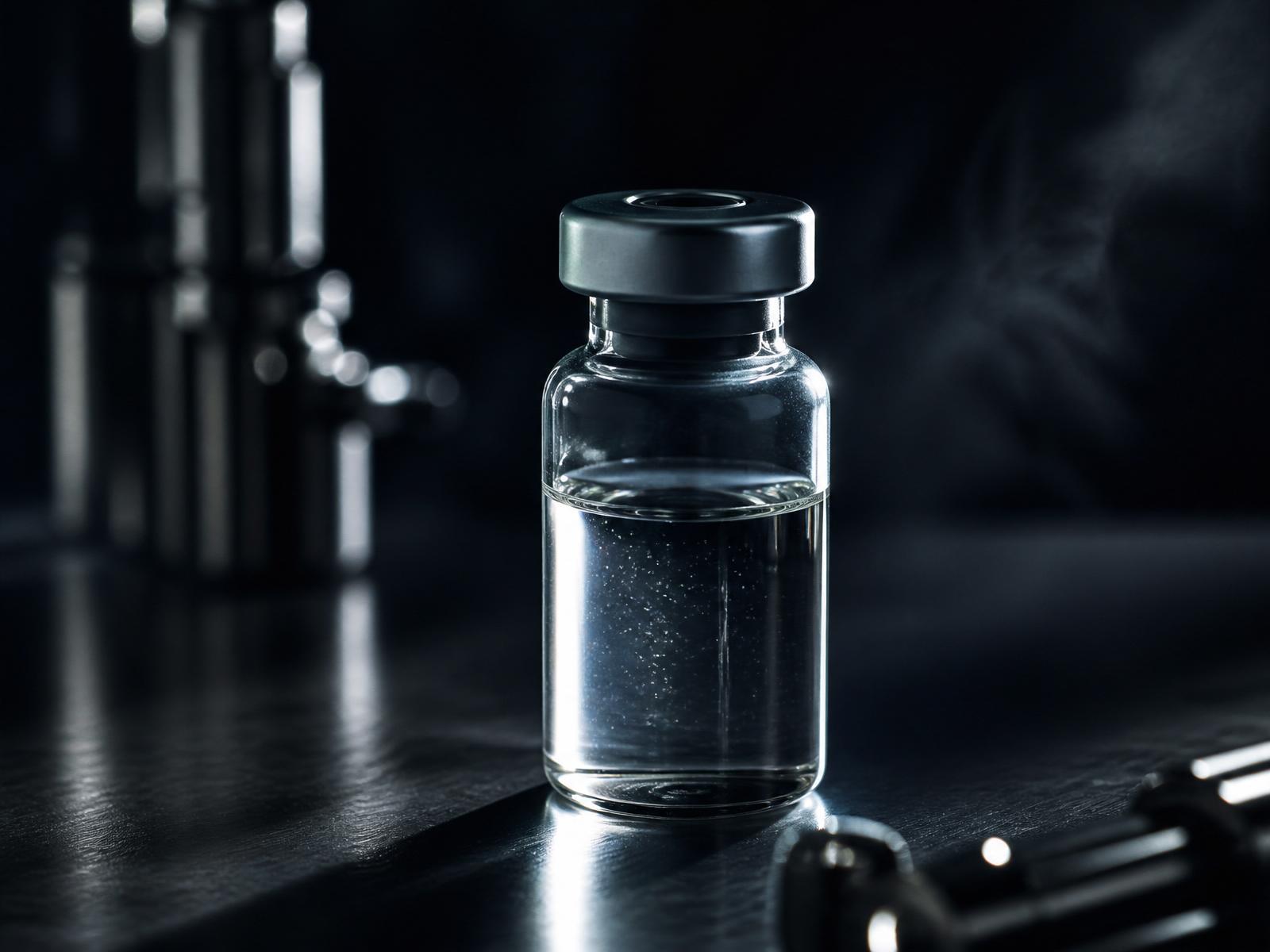 Sealed research vial on a brushed steel laboratory bench